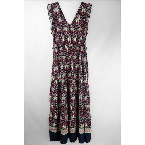Suzanne Betro Size Small Dress Maxi Ruffled Trim V-neck Bohemian NWT - Picture 2 of 8